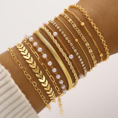 12pcs Minimalist Heart Pearl Rhinestone Snake Chain Bracelet Set for Women Elegant Gold Color Dates Vacations Daily Wear Jewelry