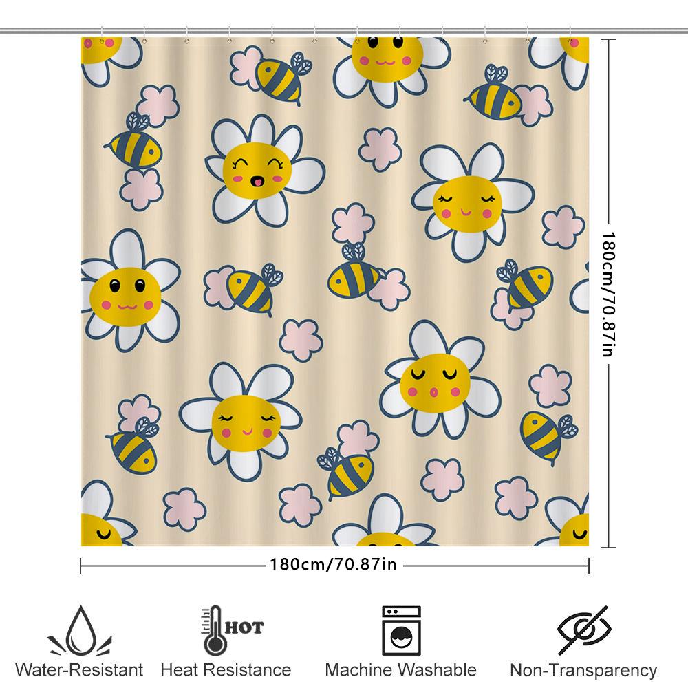 12-Inch Shower Curtain Featuring Cute Bee Flower Print For Bathroom Decor Waterproof Fabric Home Supplies White Blue Yellow Pink