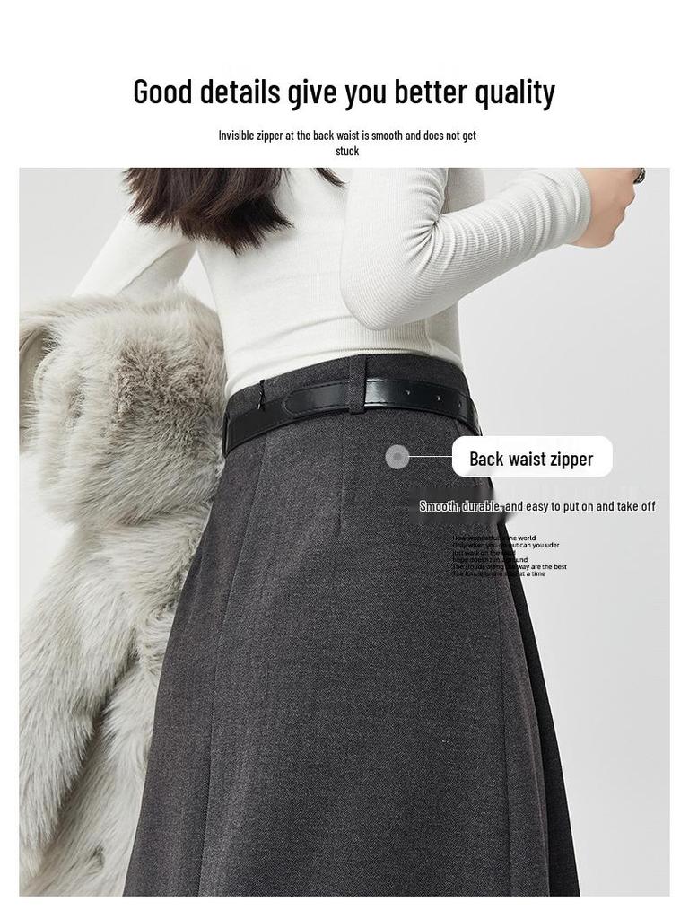 Autumn/Winter 2025 High-Waist Pleated A-Line Skirt - Slimming Woolen Mid-Length for Women