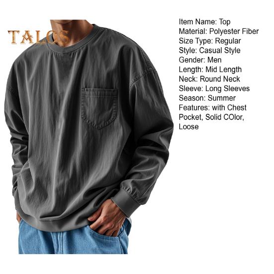 Top da Uomo Primavera Autunno con Taschino al Petto Girocollo Maniche Lunghe Polsini Elasticizzati T-shirt Tinta Unita Felpa Larga per Uso Quotidiano Sport