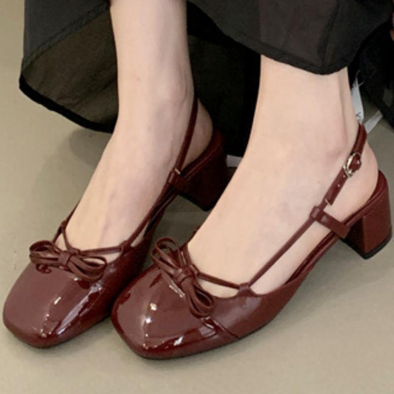 Fashion High Quality Bow Belt Buckle Women Sandals Round Toe Narrow Band Square Heel Mary Jane Shoes Fashion Comfortable Slide Sandals