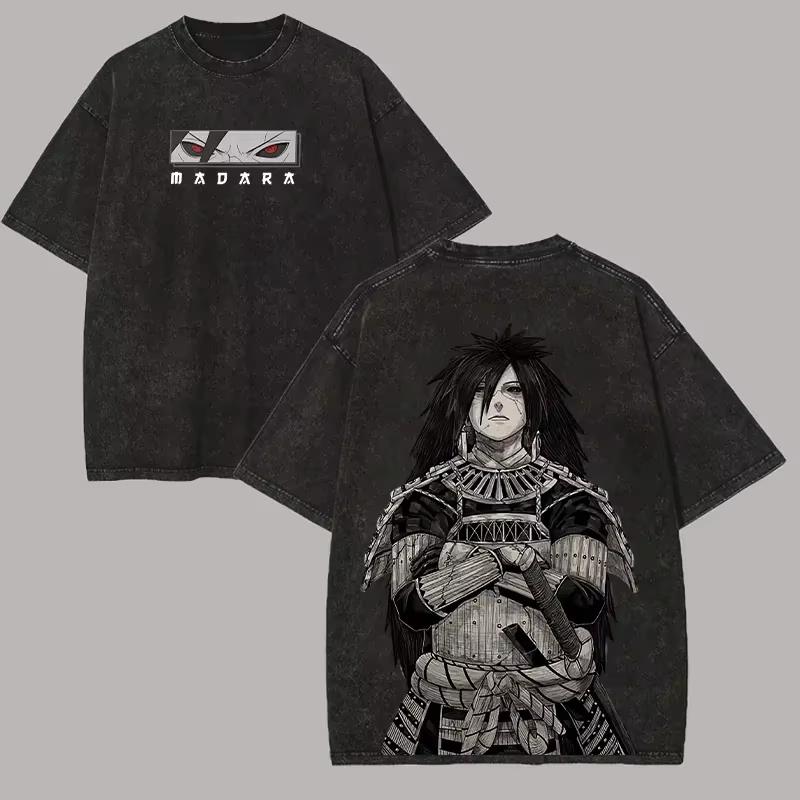 Madara Uchiha T Shirt Naruto Men Acid Wash Back Print Sharingan Anime Graphic Cotton Streetwear Casual Clothing L