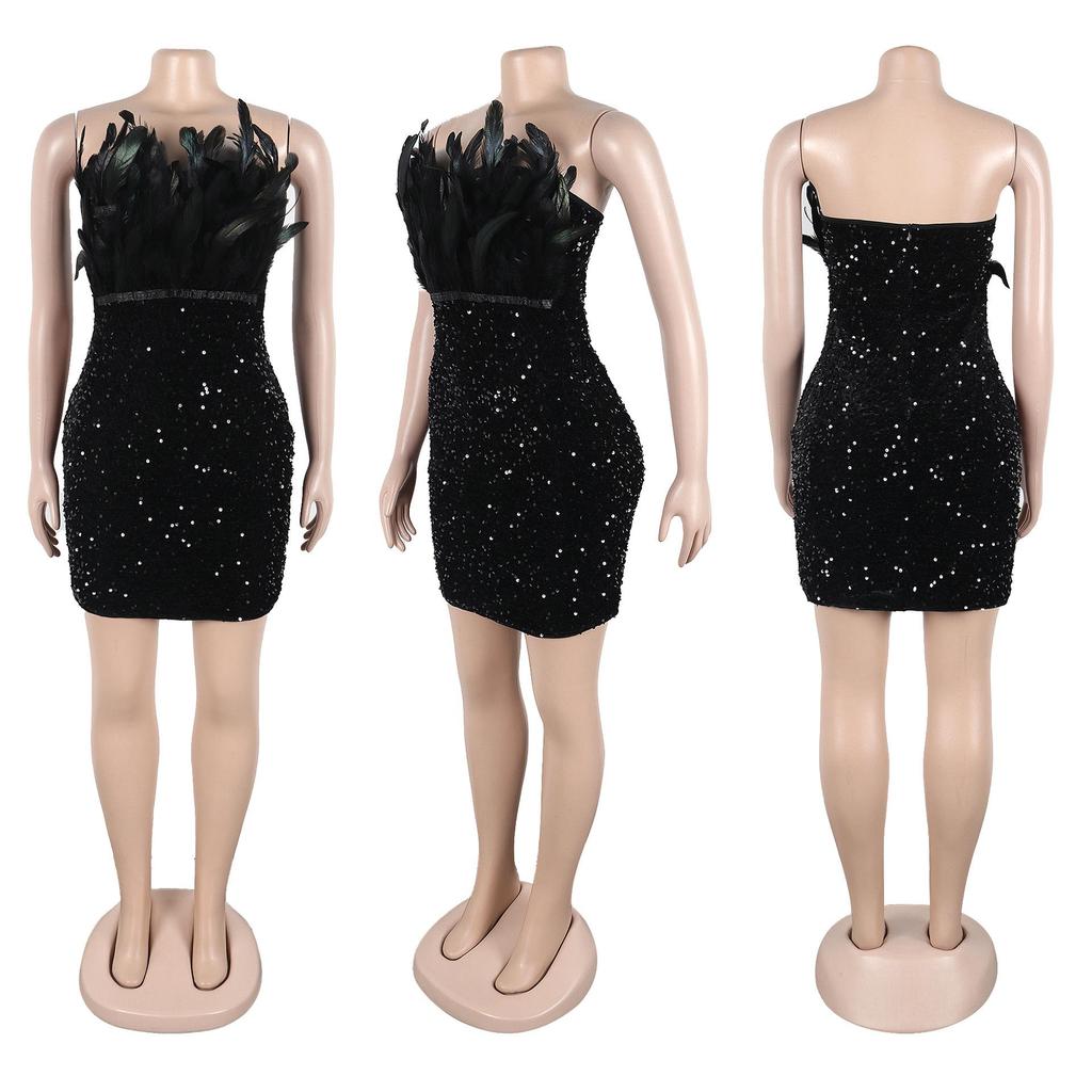 European & American Strapless Feather Sequin Bodycon Dress