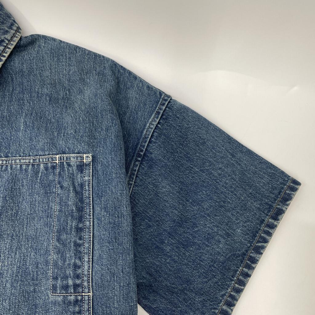 JIL SANDER+ 25Stainless Steel J40DL0157 Blue Navy Cotton Washed & Bleached Short Sleeve Denim Shirt tops S blueUsed
