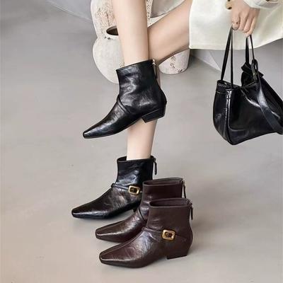 Retro Square Head Short Boots Women's Winter New Thin Bare Boots with Skirt Fashion Boots Temperament Wedge Heel Thin Boots