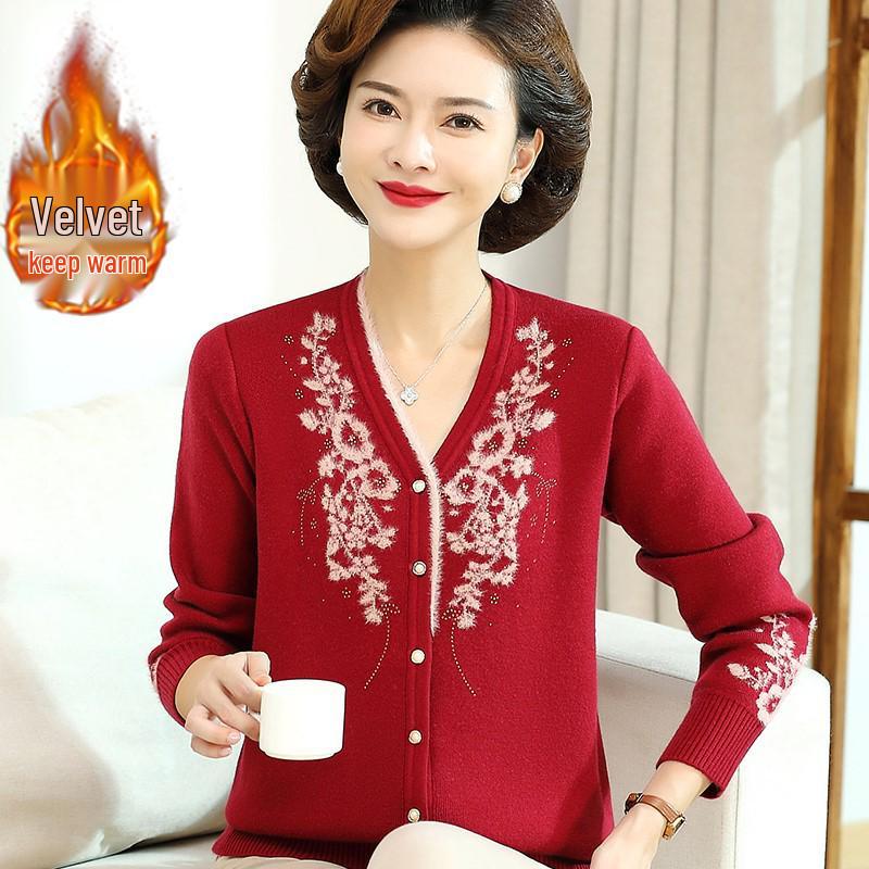 Stilvoller Winter-Samtcardigan mit V-Ausschnitt für Mütter – Modischer Pullover für Frauen mittleren und höheren Alters