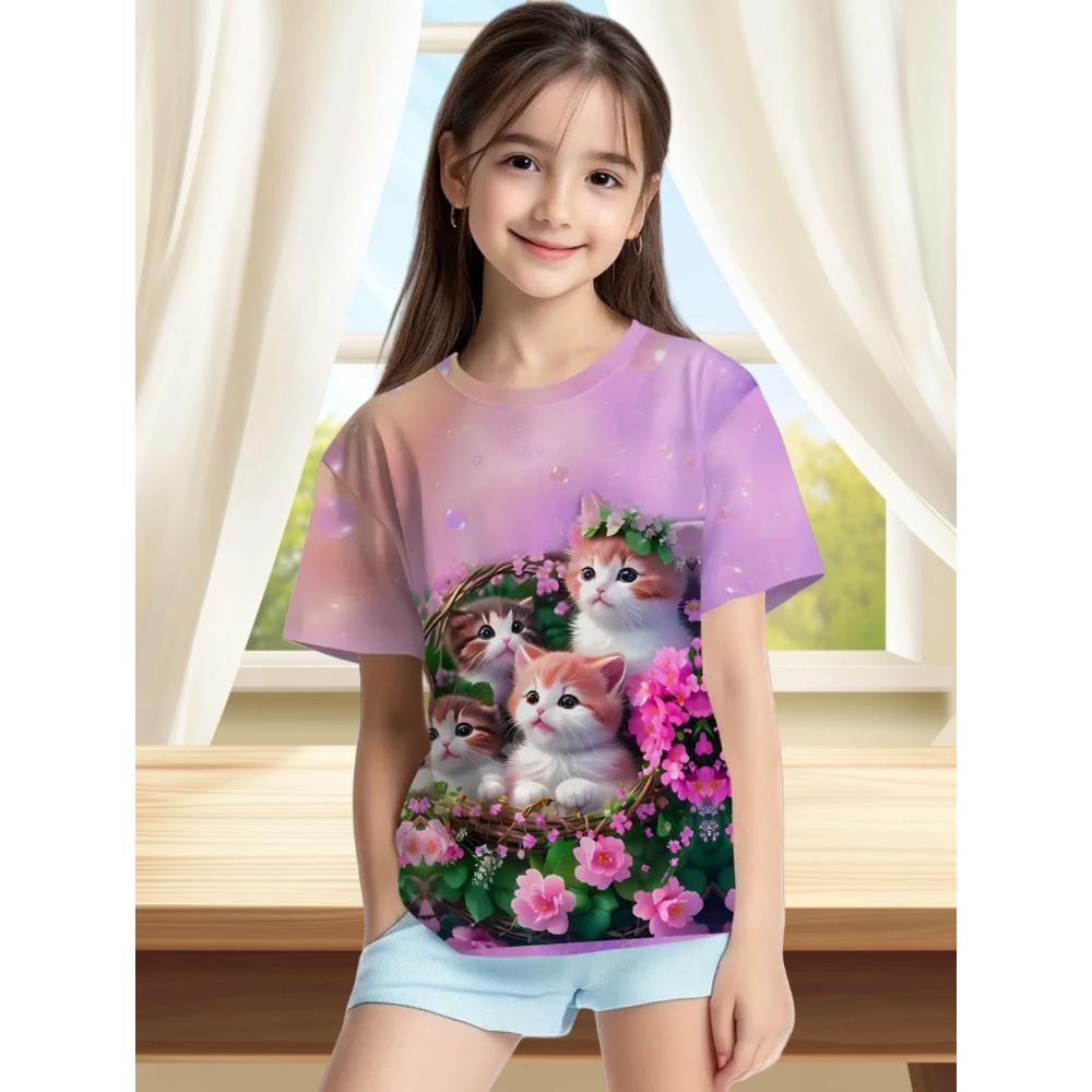 Children's Clothes Funny Cat Pattern 3D Print Summer Short Sleeve Tee Topstrendy Girl Clothes Round Neck Tops T-Shirts for Girls