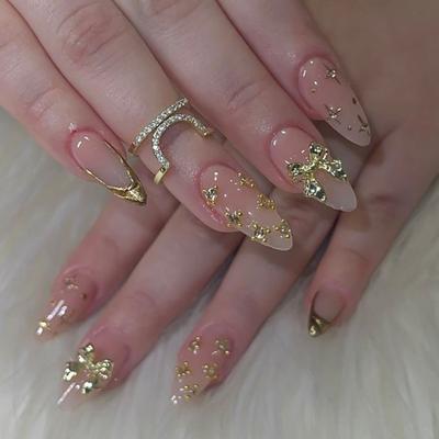 24PCS Luxury Golden 3D Bowknot Patterns French Fake Nails with Glitter Diamonds Simple Almond Press On Nails Full Cover Wearable