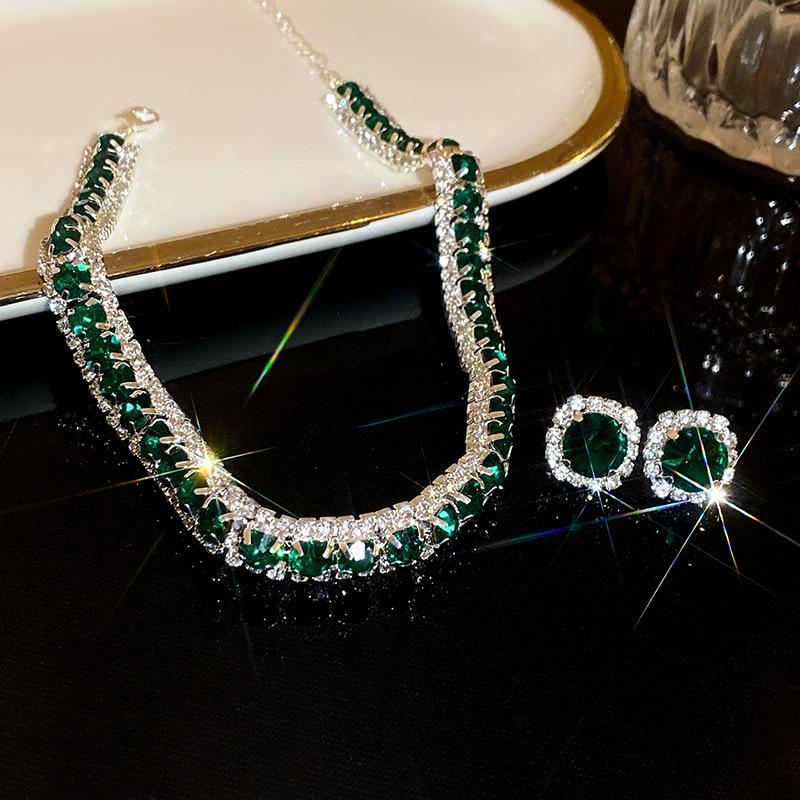 Luxury Necklace Earrings Sets Green Crystal Necklace Women Weddings Bride Jewelry Accessories
