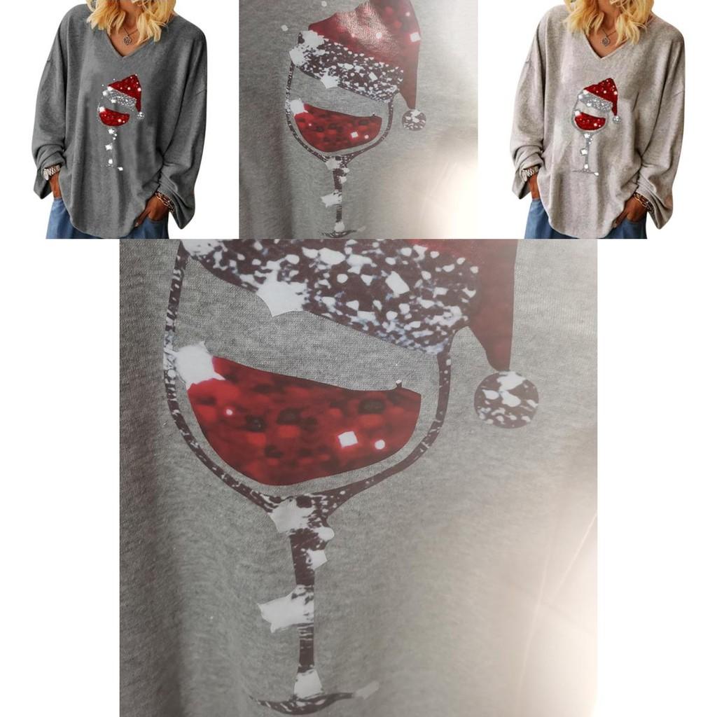 Comfortable Womens Christmas Wine Glass V-neck Long Sleeve Pullover Blouse Tops