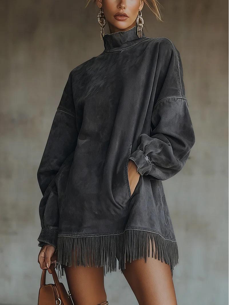 

2025 European & American Retro Suede High Collar Tassel Dress with Pockets for Women XXXL