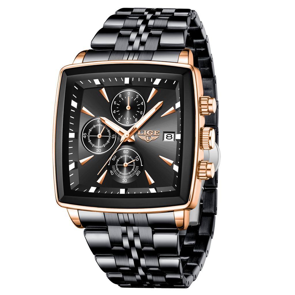 LIGE Top Brand Luxury Mens Watches Fashion Military Square Chronograph Quartz Wristwatches For Men Sports Waterproof Watch Men
