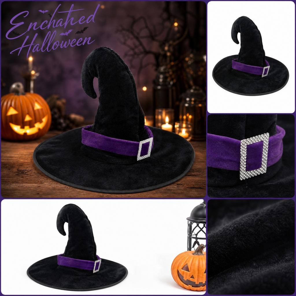 Halloween Velvet Witch Hat with Curved Tip for Costume Party and Dress Up