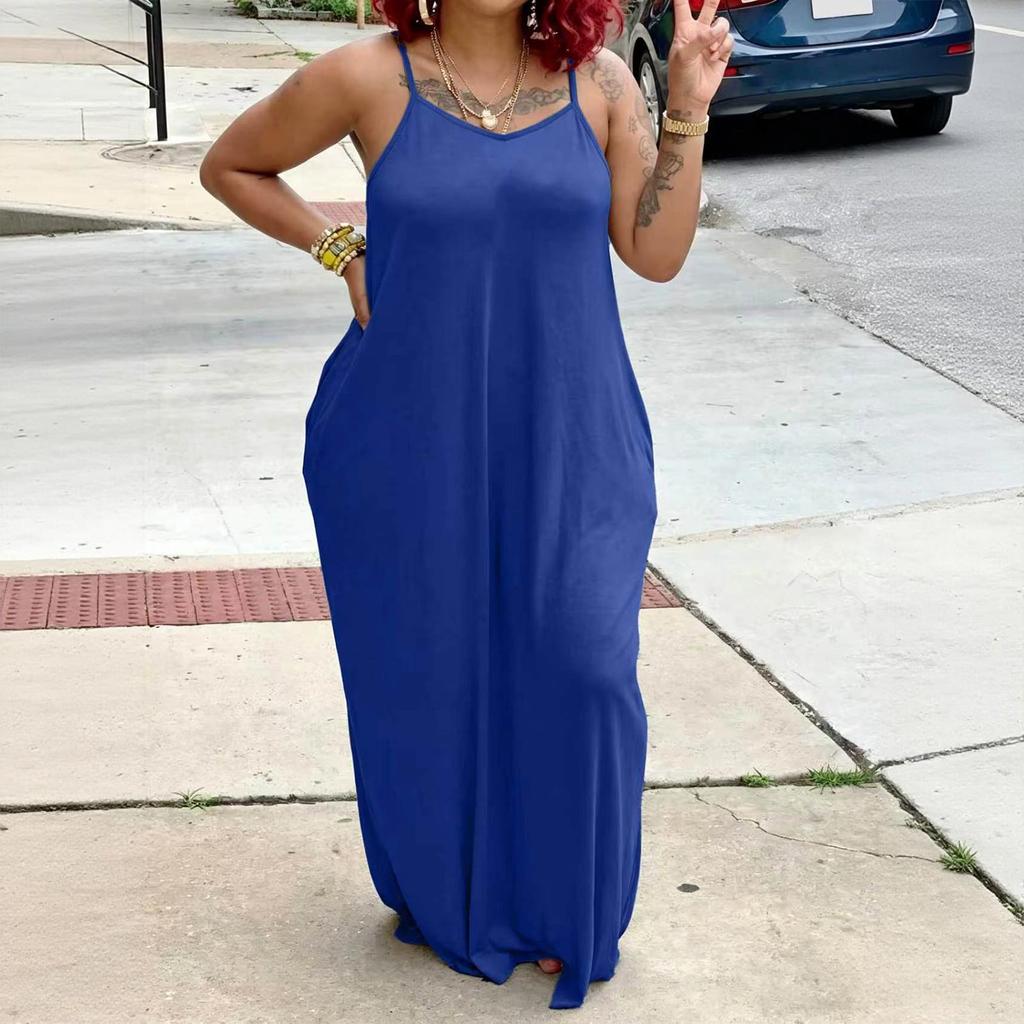 Women's Loose Fit Sleeveless Maxi Dress Casual Spaghetti Strap Relaxed Style Long Dress with Pockets for Summer Fashion