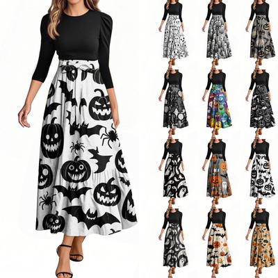 Women's Fashion Casual Belted Three-quarter Sleeve Round Neck Halloween Printed Elegant Temperament Dresses