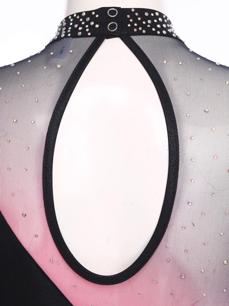 Womens Figure Skating Leotard Rhinestone Long Sleeve Hollow Out Design Ballet Gymnastic Training Bodysuit