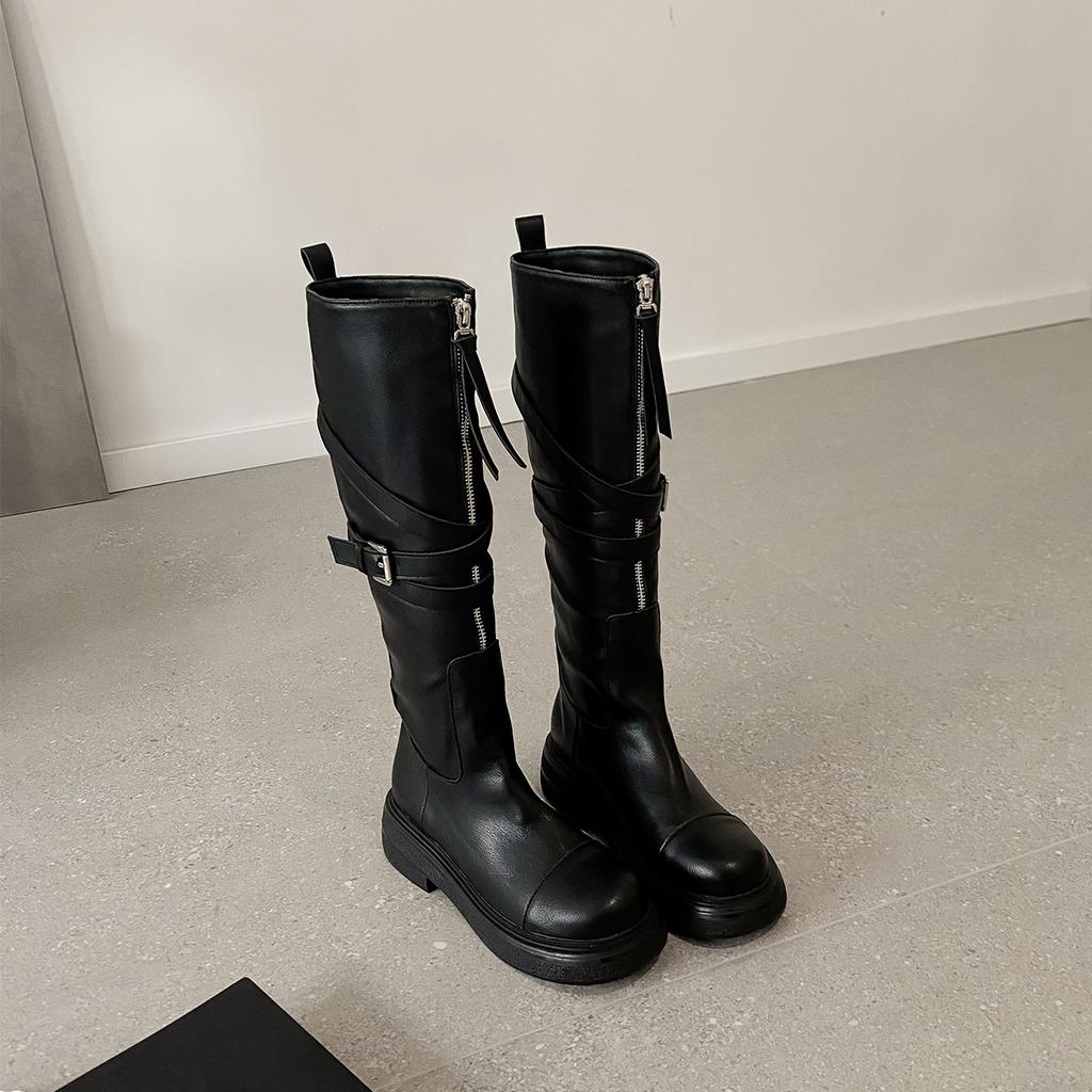 Cowhide Version~ Platform Boots Women's British Style Knight Boots Retro Folded Autumn and Winter Maillard Locomotive Boots