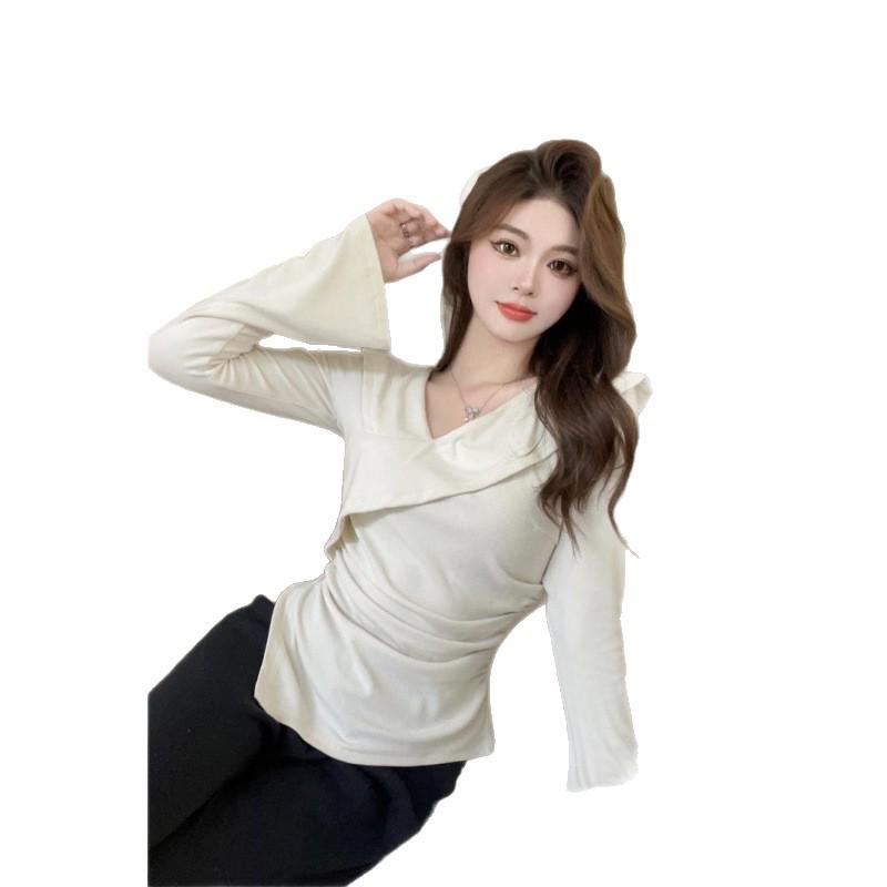 Plus Size Ruffled V-Neck Top for Women - Slimming, Irregular Design, Perfect for Spring