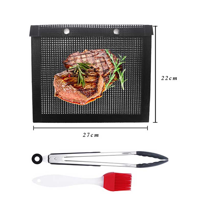 

Многоразовая антипригарная сетчатая сумка для барбекю с силиконовой щеткой и щипцами для еды для уличной сетчатой ​​сумки для барбекю чёрный