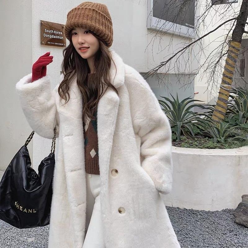 New Environmentally Friendly Rabbit Fur Fur Coat for Autumn and Winter Long Thick Warm and Loose Fitting Suit Collar Coat