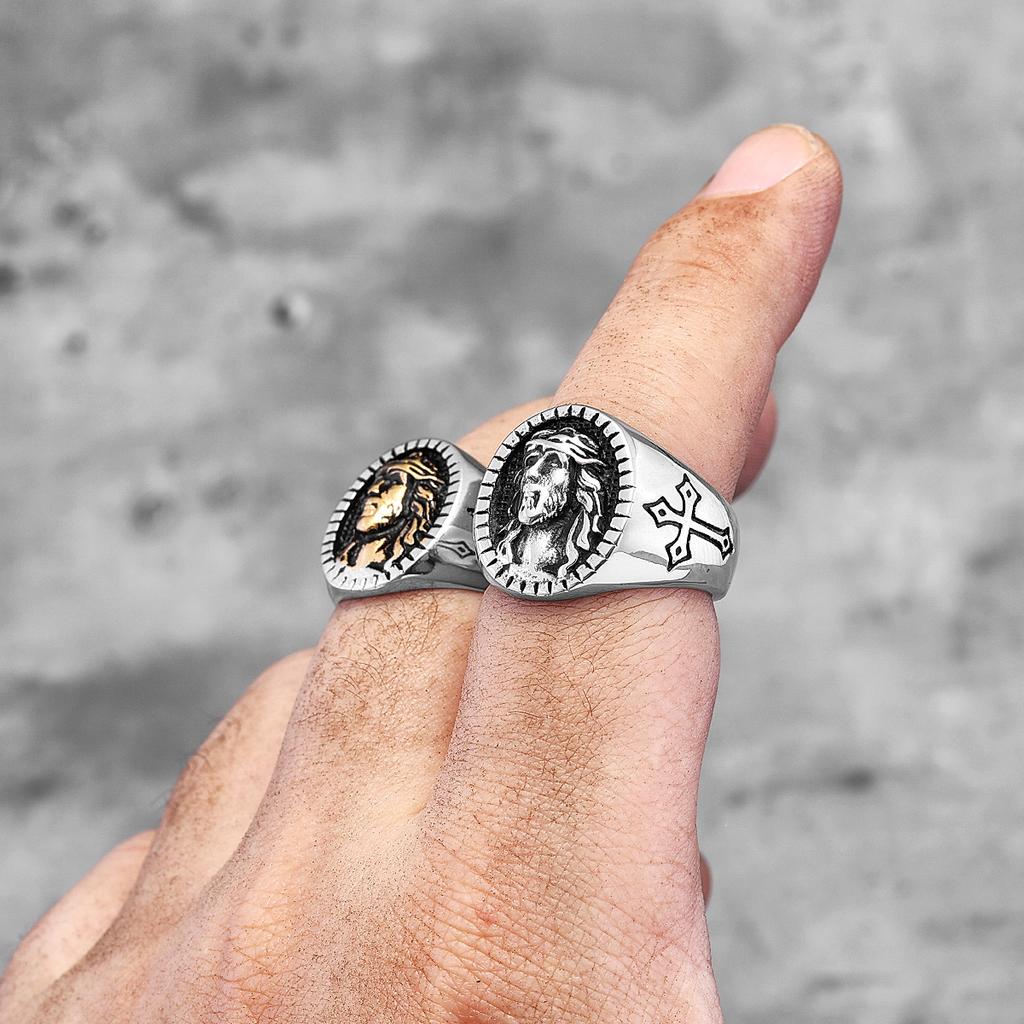 Gud Jesus Religion Kors Rostfritt Stål Herrringar Trendig Punk Amulett för Manlig Pojkvän Smycken Kreativitet Gåva