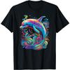 Lebendiges Regenbogen-Delfin-Grafik-T-Shirt Abstrakte Meereskunst Kurzarm Lässiges Rundhals-T-Shirt