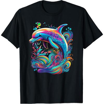 Vibrant Rainbow Dolphin Graphic Tee Abstract Ocean Art Short Sleeve Casual Crewneck T-Shirt