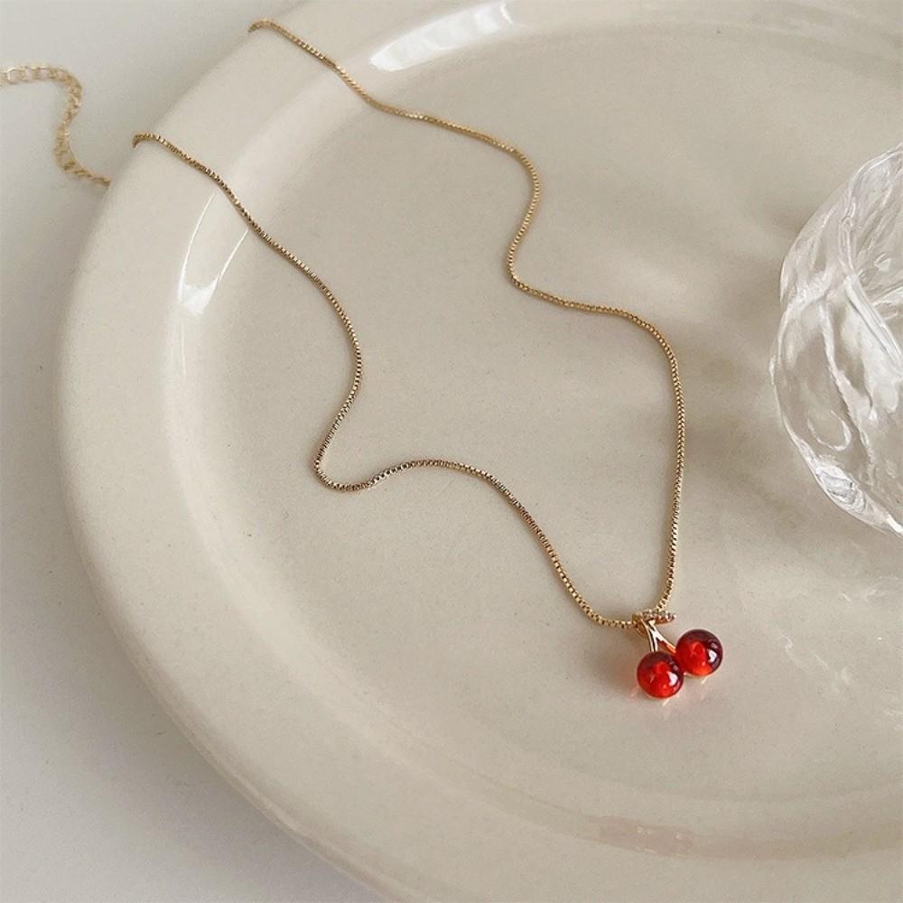 Cute Red Cherry Cherry Pendant Necklace Golden Chain Jewery Accessories Fruit Chain Necklace Necklace Jewery Party