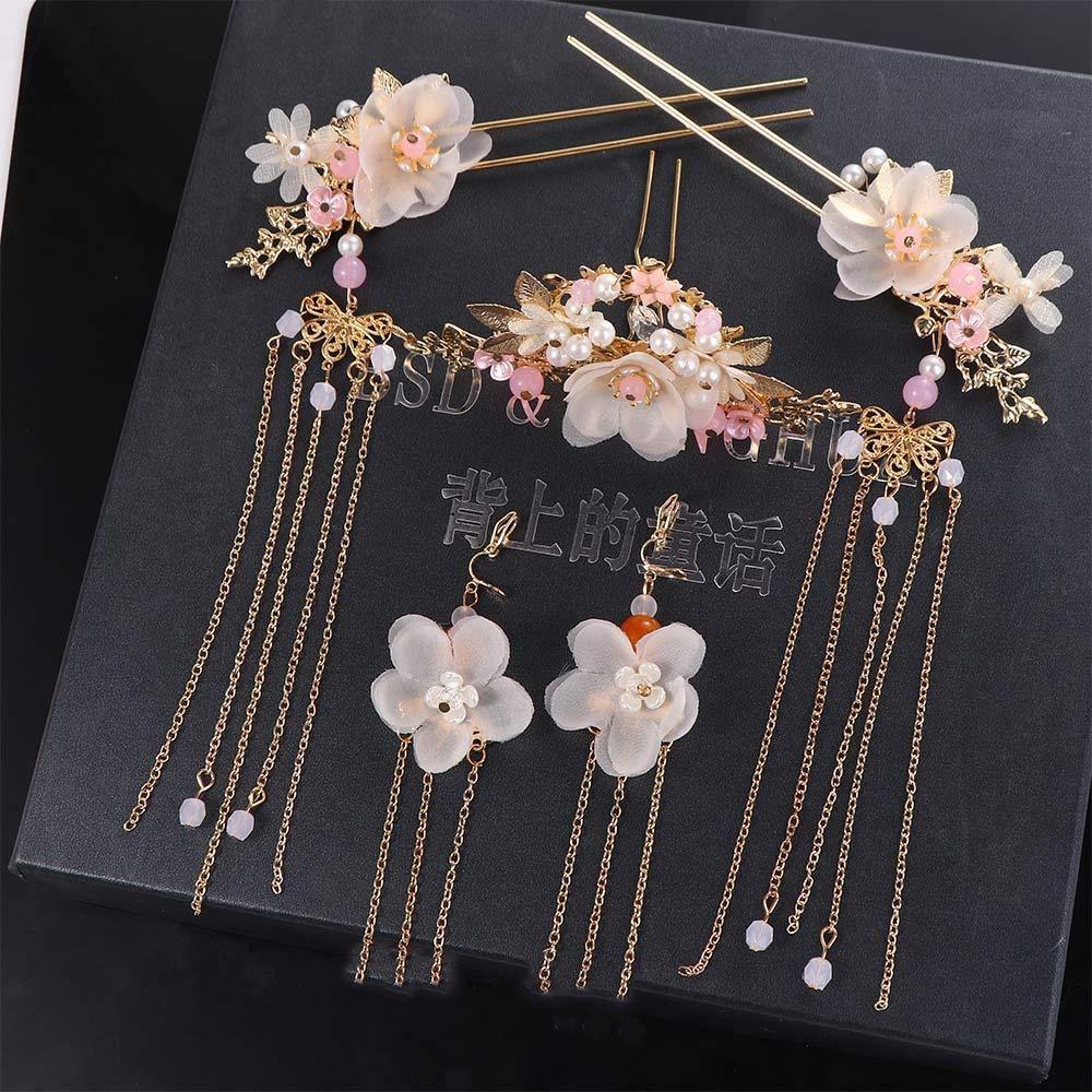 Women Fashion Chinese Crystal Handmade Flower Hair Comb Headwear Sets Hanfu Hair Stick Earrings