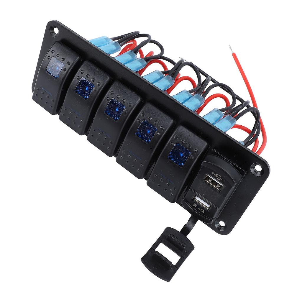 5 Gang Rocker Switch Panel with 4.8A Dual USB Charger Voltage Meter Universal Fit for DC12 to 24V Car Truck RV
