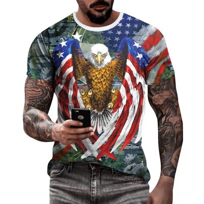 T-Shirt für Herren mit modischem Rundhalsausschnitt und kurzen Ärmeln, mit 3D-Digitaldruckmuster von Flagge und Adler
