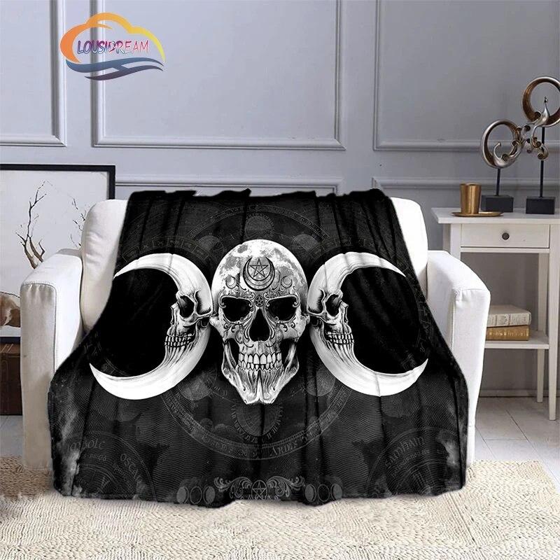Pentacle & Moon flanellfilt, Skull Witchy Wicca Pagan Black and White Mystical Gothic Solfilt
