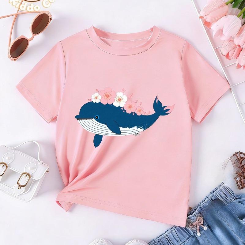 Children Crew Neck Short Sleeve T-Shirt with Cartoon Whale & Floral Print