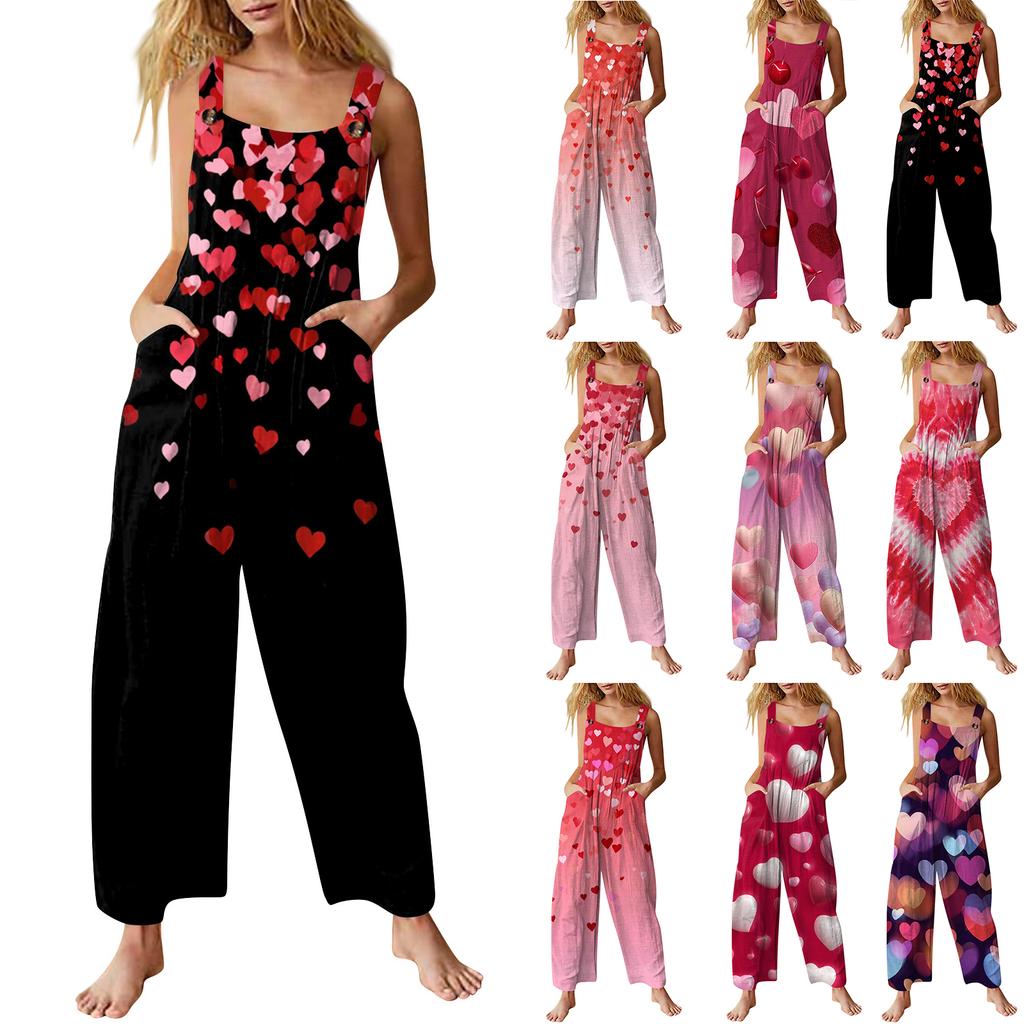 Lässiger, ärmelloser Damen-Jumpsuit mit Valentinstags-Print, Baumwoll-Romper