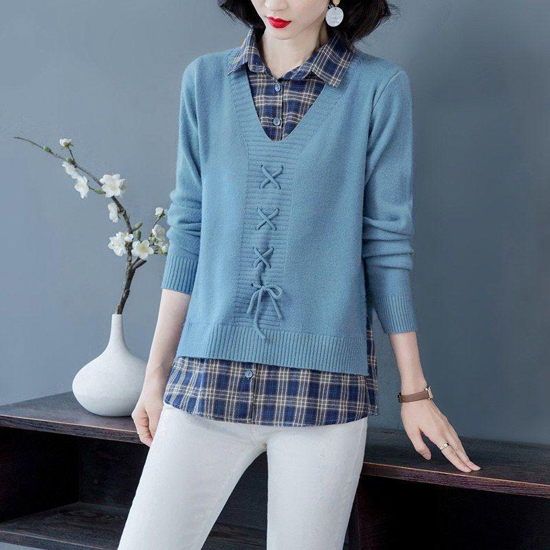 New Spring and Autumn Fashion Korean Edition Spliced Fake Two Piece Shirt Collar Top Loose and Versatile Women's Knitted Sweater