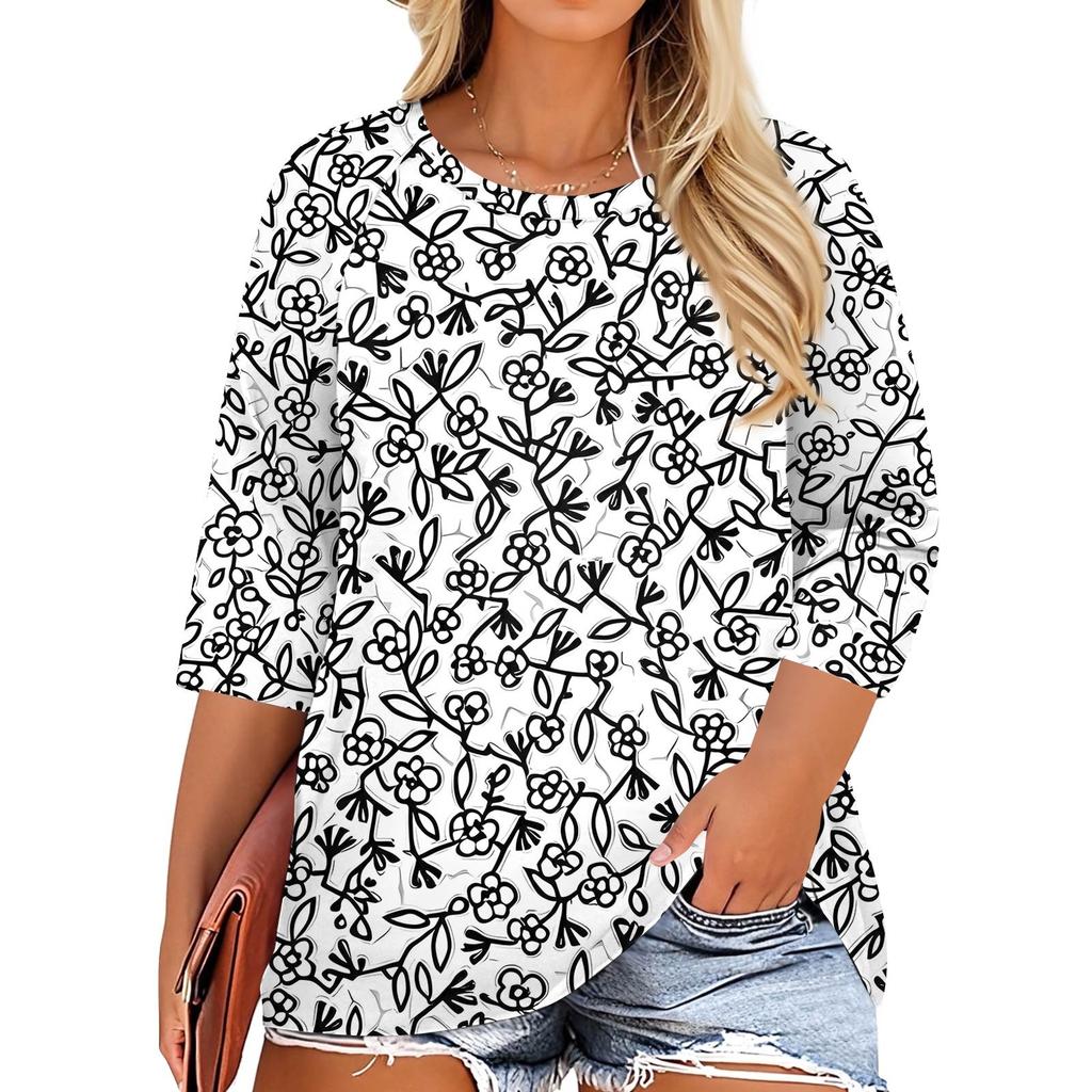 Women's Fashion Casual Print Round Neck 3/4 Sleeve T-Shirt Top