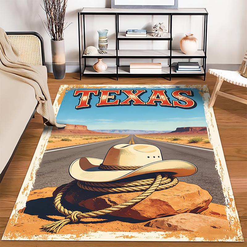 "Texas Cowboy Hat Scenic Desert Road Carpet with Rustic Design" Suitable for use as an anti-slip for living room bedroom sofas