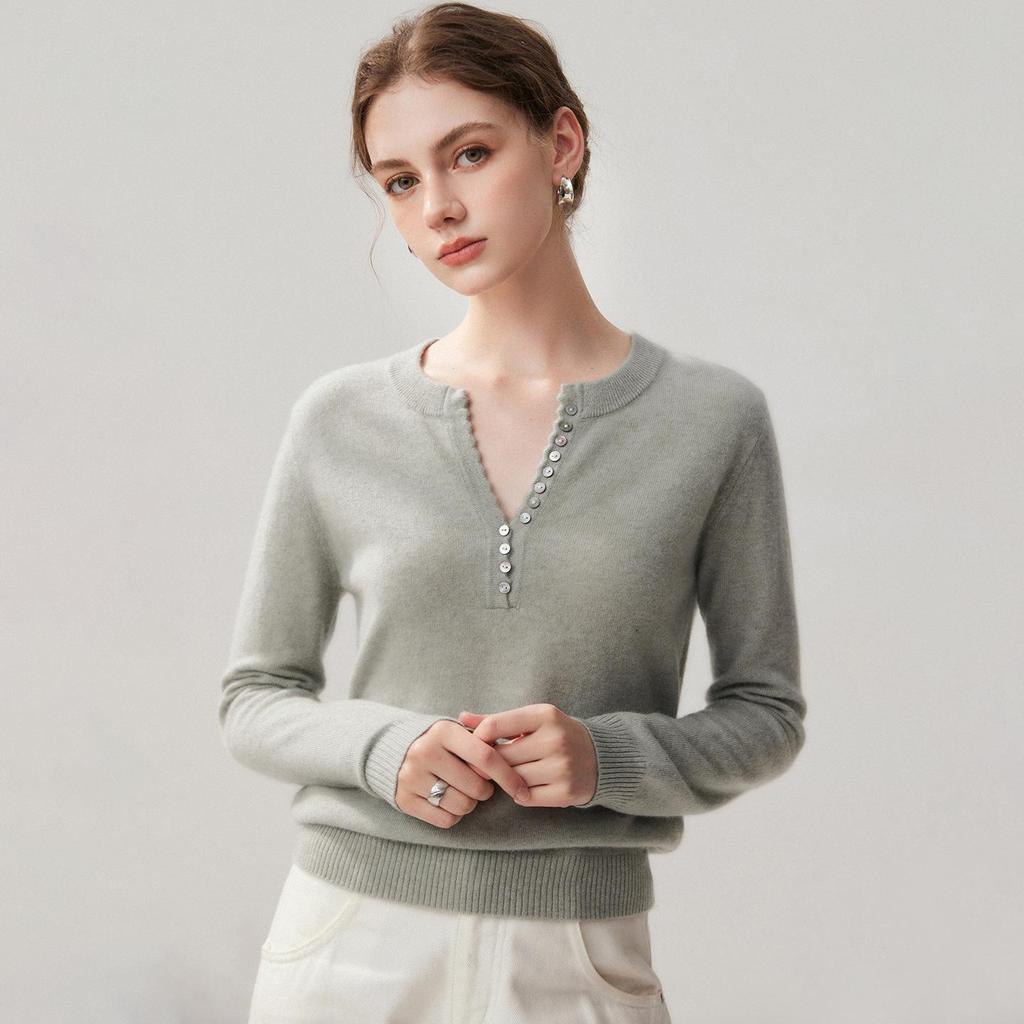 Women's Cashmere V-Neck Multi-Button Sweater - Slim Fit, Loose Knit, Base Layer