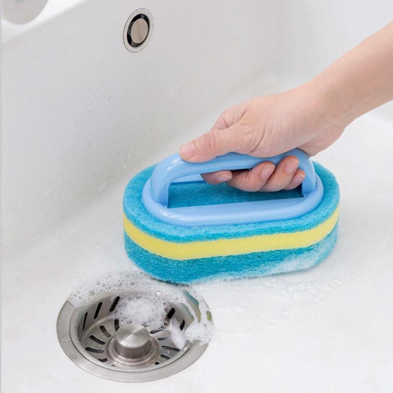 

2pcs Handle Sponge Scrubber (Blue & Pink), Cleaning Tool for Pans/Sinks/Bathroom, 14cm/5.51in United States