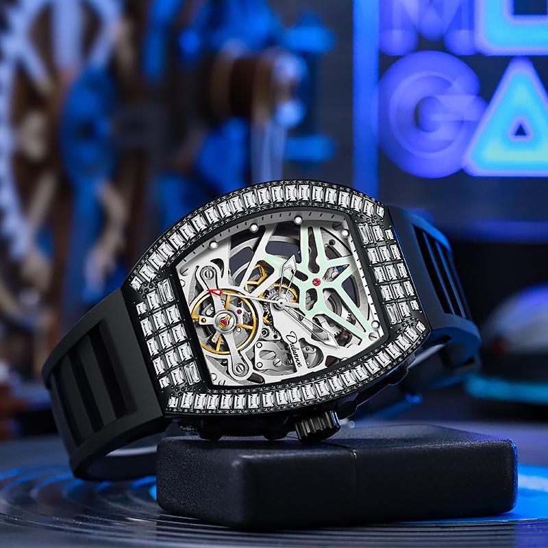 Luxury Automatic Men Watches Trend Diamond Tonneau Case Mechanical Clock Luminous Waterproof Silicone Strap Mens Reloj Hombre