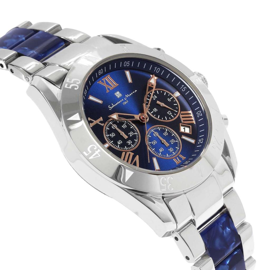 Salvatore Marra Chronograph Watch with Acetate and 20th Anniversary Limited Rose and Silver Men's Two-Tone Strap, Edition, SM23105-SSBLPG, Blue, Gold,