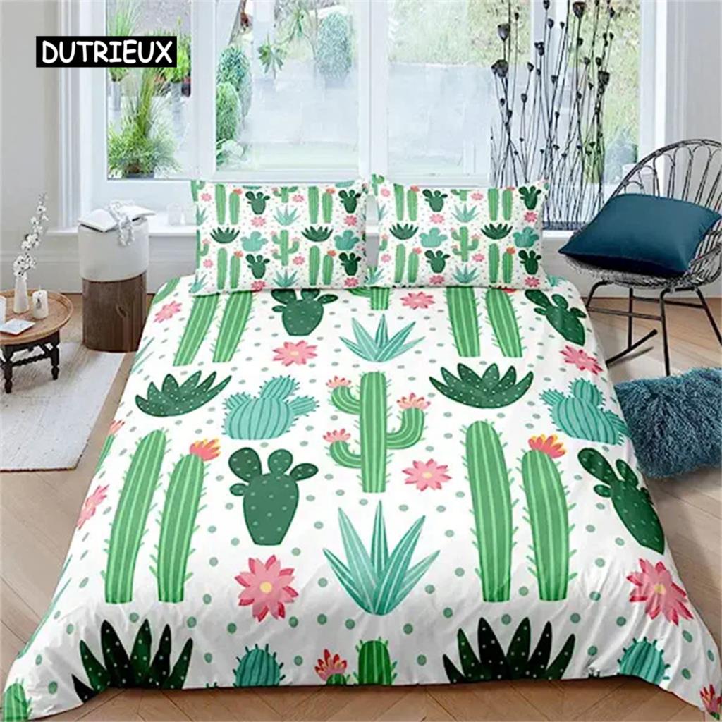 Cartoon Cactus Duvet Cover Green Plants Succulents Bedding Duvet Cover Kids Teens Nature Art Soft Microfiber Bedroom Decorative