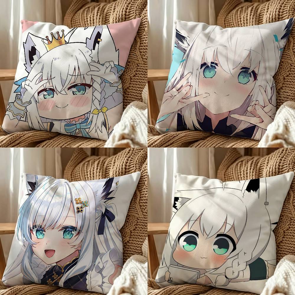 Cute S-Shirakami F-Fubuki Vtuber Square Double-Sided Printed Pillow Case Sofa Cushion Cover Bedroom Bedside Decor