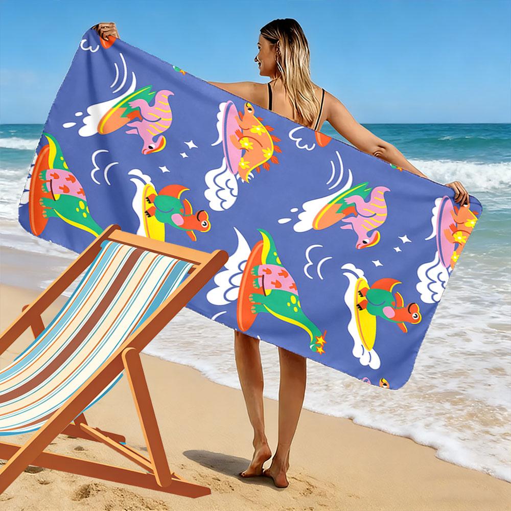 Joyful dinosaurs surfing waves Print beach towel, quick drying, suitable for travel, outdoor sports, jogging, the beach and swimming, gift