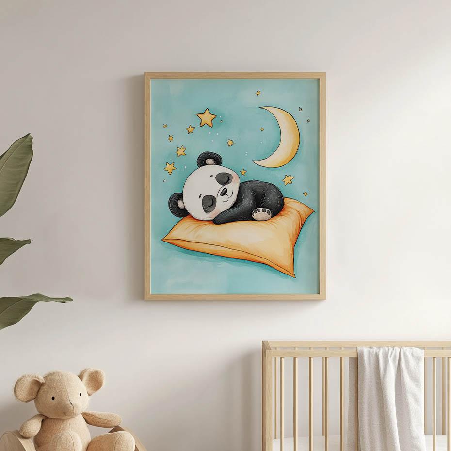 Poster Cute Panda Sleeping On Orange Pillow Poster Cute Panda Sleeping On Orange Pillow, 50X70 Cm, Gold Aluminum Frame, Matte Paper 23