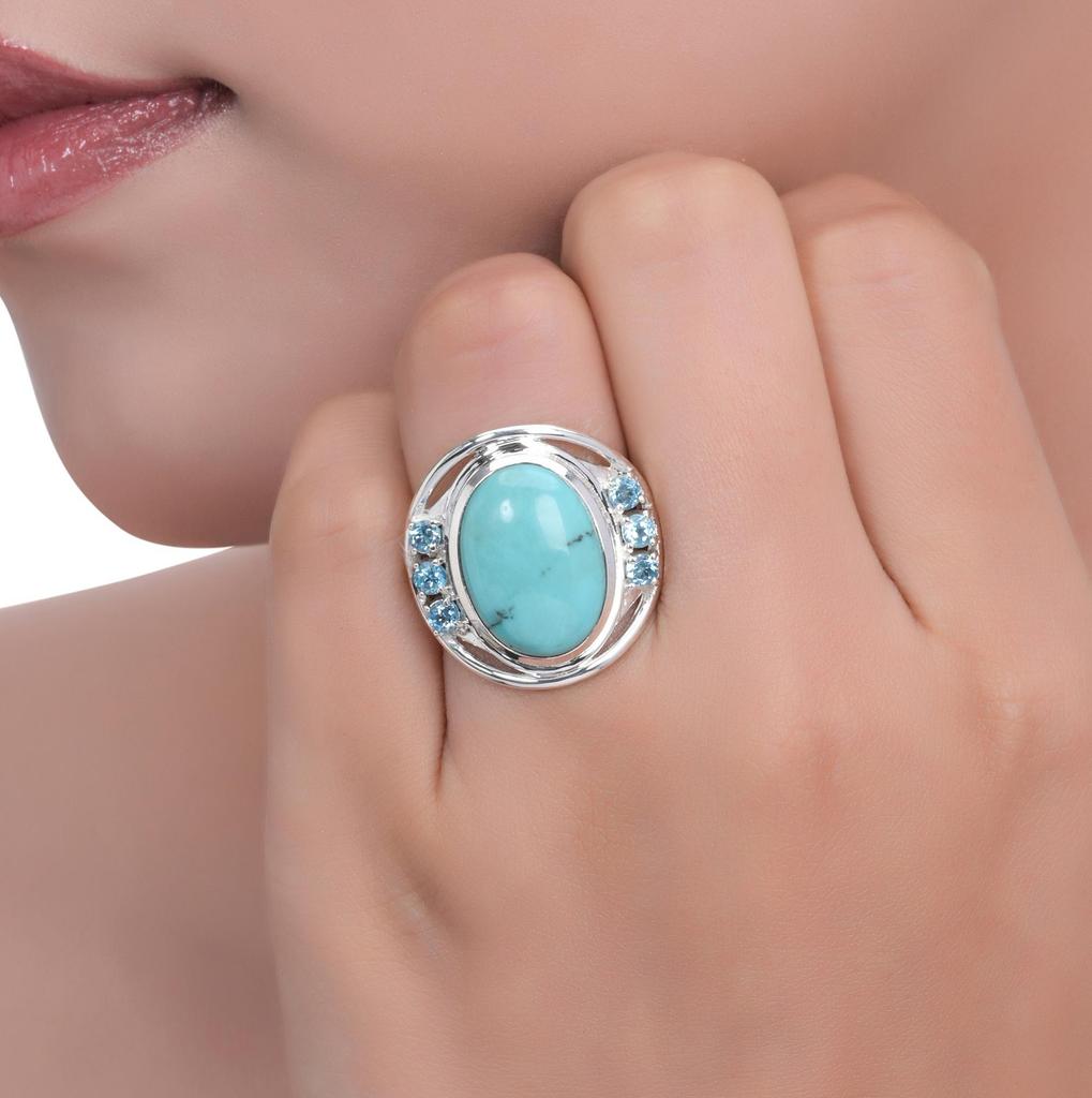Turquoise & Swiss Blue Topaz Sterling Silver Statement Ring – Elegant Handmade Jewelry Gift, Beautiful blue ring for her, Women's Jewelry gift