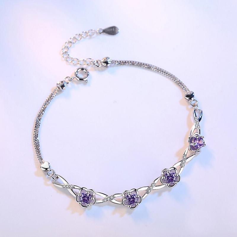 Luxury 925 Silver Bracelets Purple White Zirconia Plum Flower Bracelets & Bangles For Women Pulseira De Prata S-B51
