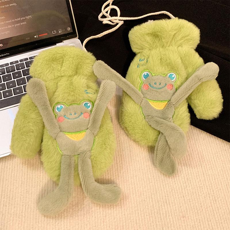 Funny Little Yellow Duck Plush Gloves for Women In Winter, Cute Plus Velvet, Warm Halter Neck, Cycling, Cold Protection, Student All-inclusive Mittens