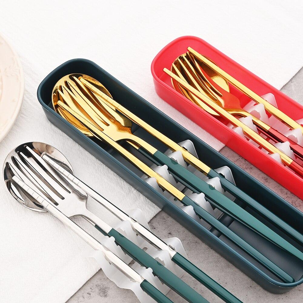 Western Dinnerware Set Travel Camping Cutlery Set Fork Spoon Chopsticks Tableware With Portable Box Stainless Steel Flatware Set