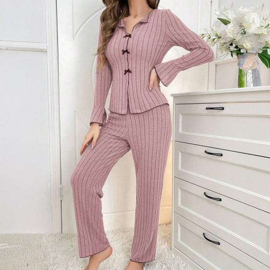 Women's 2 Piece Pajama Set Long-Sleeve Top with Bow And Long Pants Sleepwear Set Casual Fall Loungewear Pjs Set